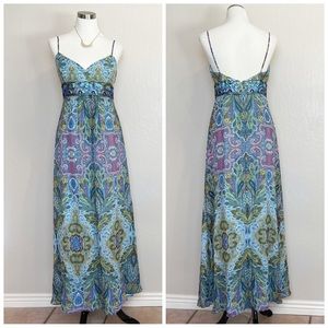•ADRIANNA PAPELL• Silk Paisley Print Maxi Dress with Beaded/Sequin Detail Waist
